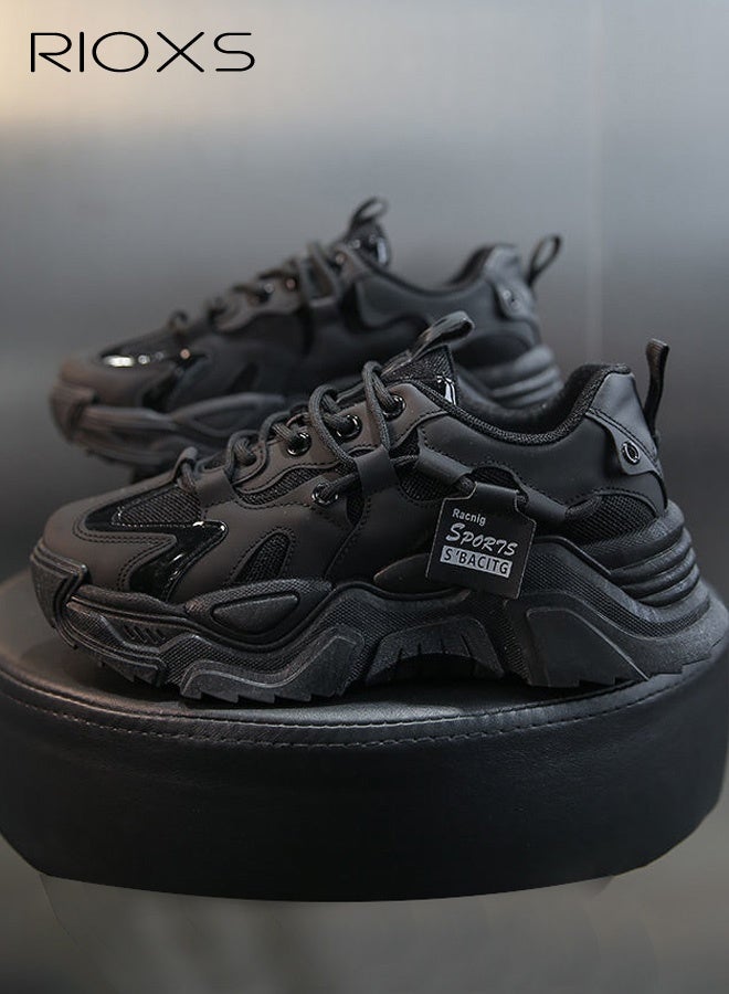 ريوكس حذاء رياضي نسائي سميك، حذاء بشبكة قابلة للتنفس ونعل سميك، حذاء رياضي خفيف الوزن ومضاد للانزلاق مع رباط، حذاء رياضي مريح للركض والمشي، ملابس شبابية وملابس يومية، أسود - Image 5